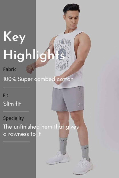 White Magnitude Deep Arm Tank Top by Fuaark Nz, sleeveless design, comfortable fit, ideal for casual wear.