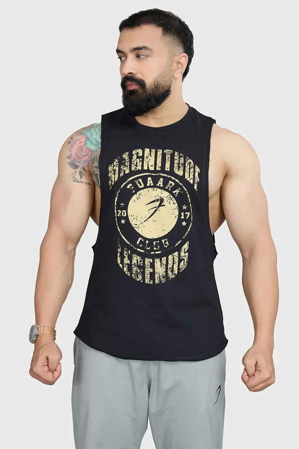 Men's deep arm tank top by Fuaark Nz, designed for athletic performance, with a fitted sleeveless style and breathable fabric.