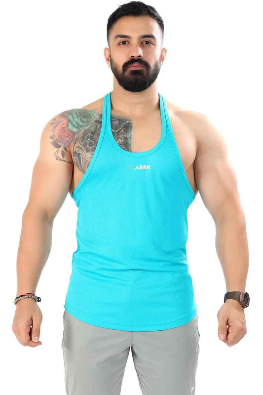 Sky blue mesh stringer tank top by Fuaark Nz, designed for comfort and style, shown on a plain background.