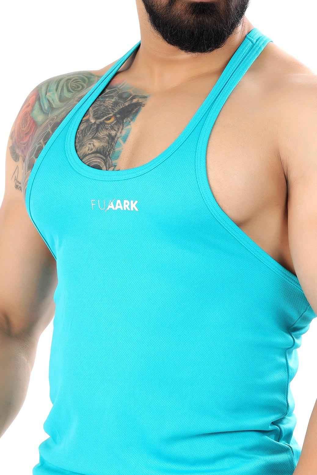 Sky blue mesh stringer tank top from Fuaark NZ, designed for comfort and style, displayed on a plain background.