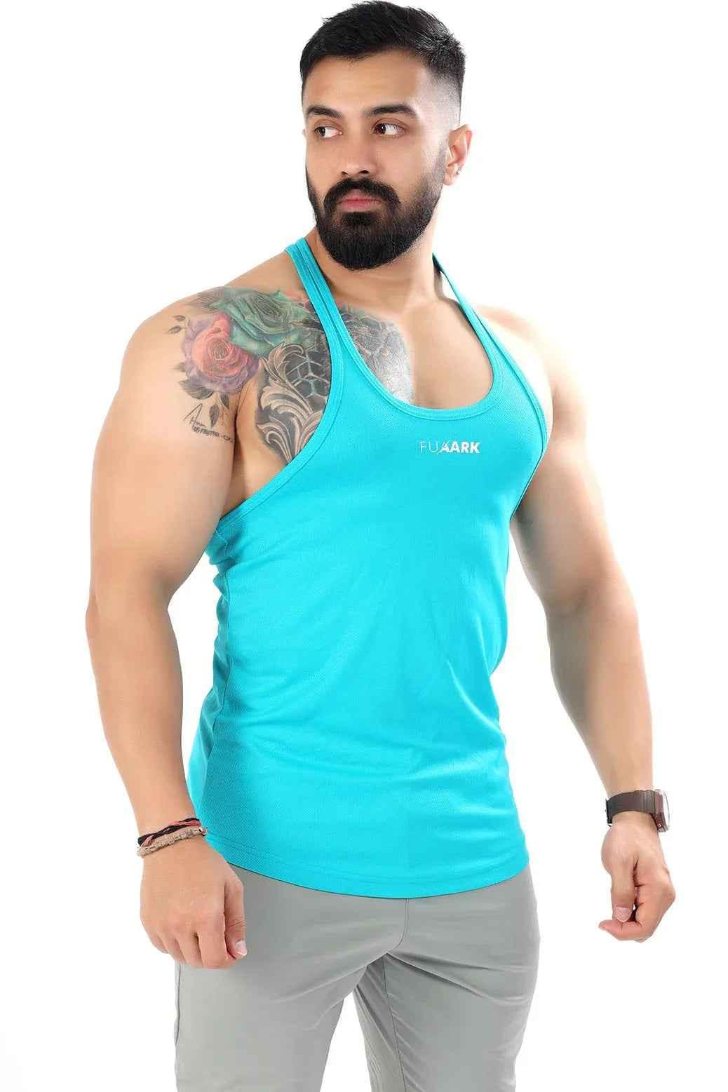 Sky blue mesh stringer tank top by Fuaark NZ, designed for ultimate comfort and style in a fitted sleeveless shirt.