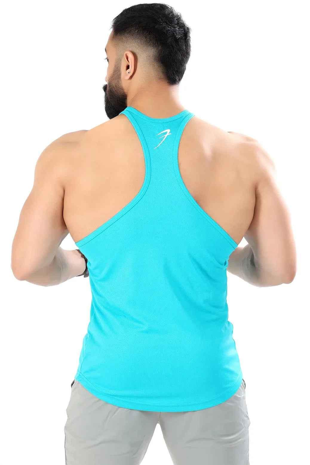 Sky blue Mesh Stringer Tank Top by Fuaark Nz showing lightweight, breathable fabric and fitted style for comfort and fashion.