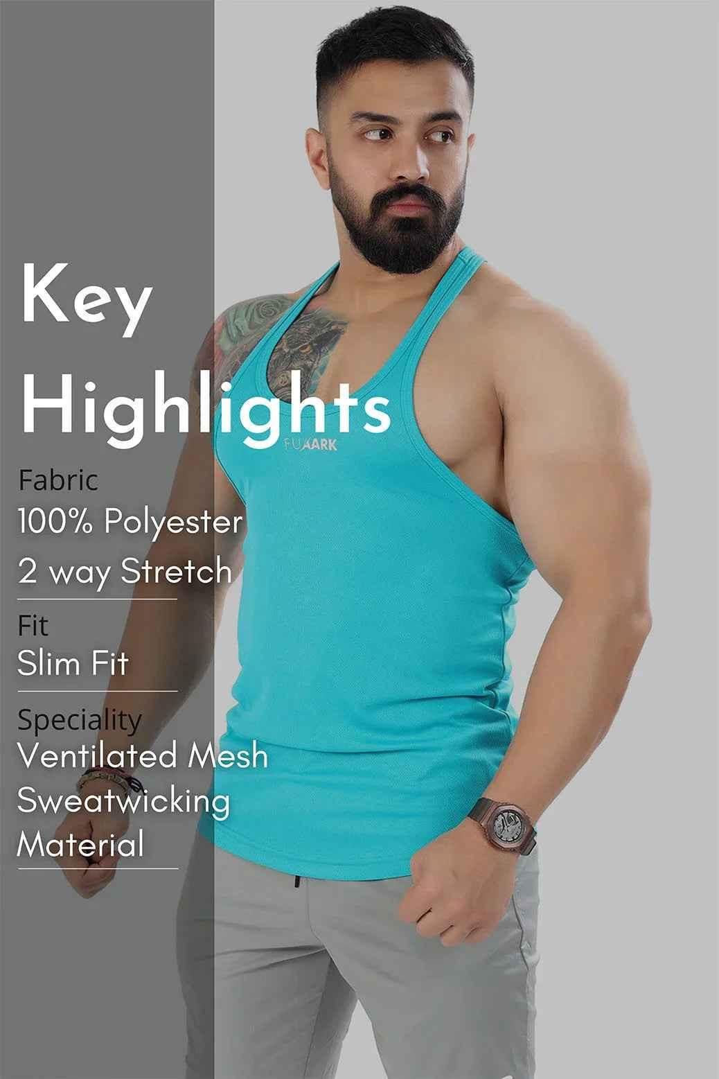 Sky blue mesh stringer tank top by Fuaark Nz, designed for ultimate comfort and stylish fit in a sleeveless tank style.