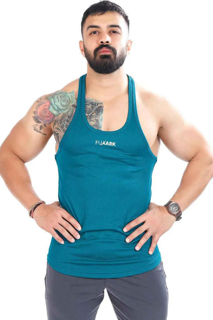 Fuaark Nz teal mesh stringer tank top for men, lightweight and stylish, designed for comfort and athletic wear.