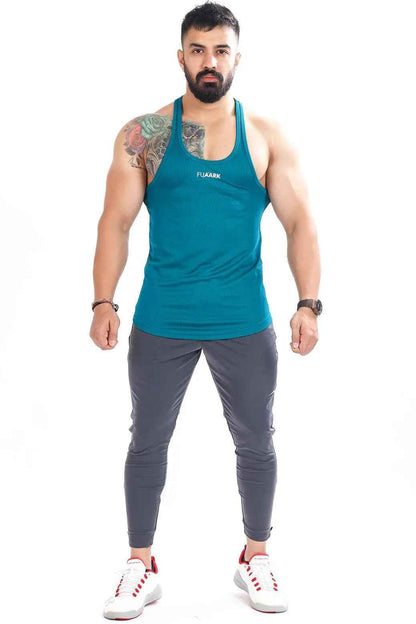 Teal mesh stringer tank top by Fuaark NZ, designed for comfort and style, shown on a plain background.