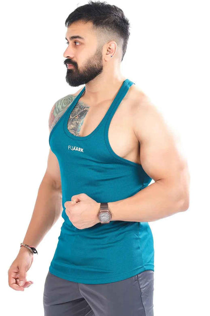 Teal mesh stringer tank top by Fuaark Nz, showcasing a fitted design perfect for comfort and style in casual wear.