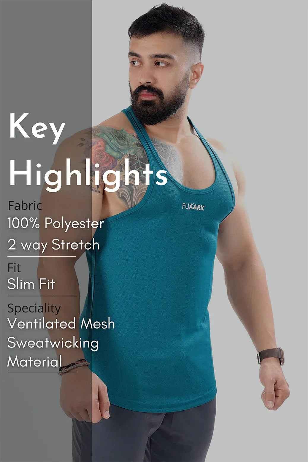 Teal mesh stringer tank top by Fuaark Nz, designed for comfort and style, shown on a plain background.