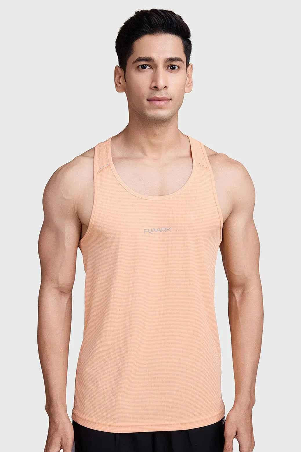 Peach Fuaark NZ running tank top with subtle checks, lightweight, breathable, sweat-wicking fabric, designed for active comfort.