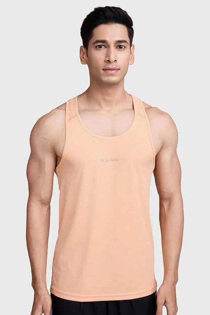Peach Fuaark NZ running tank top with subtle checks, lightweight, breathable, sweat-wicking fabric, designed for active comfort.