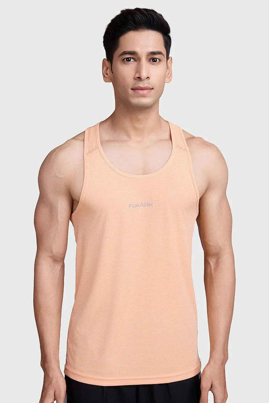 Peach Fuaark NZ running tank top with subtle checks, lightweight, breathable, sweat-wicking fabric, designed for active comfort.