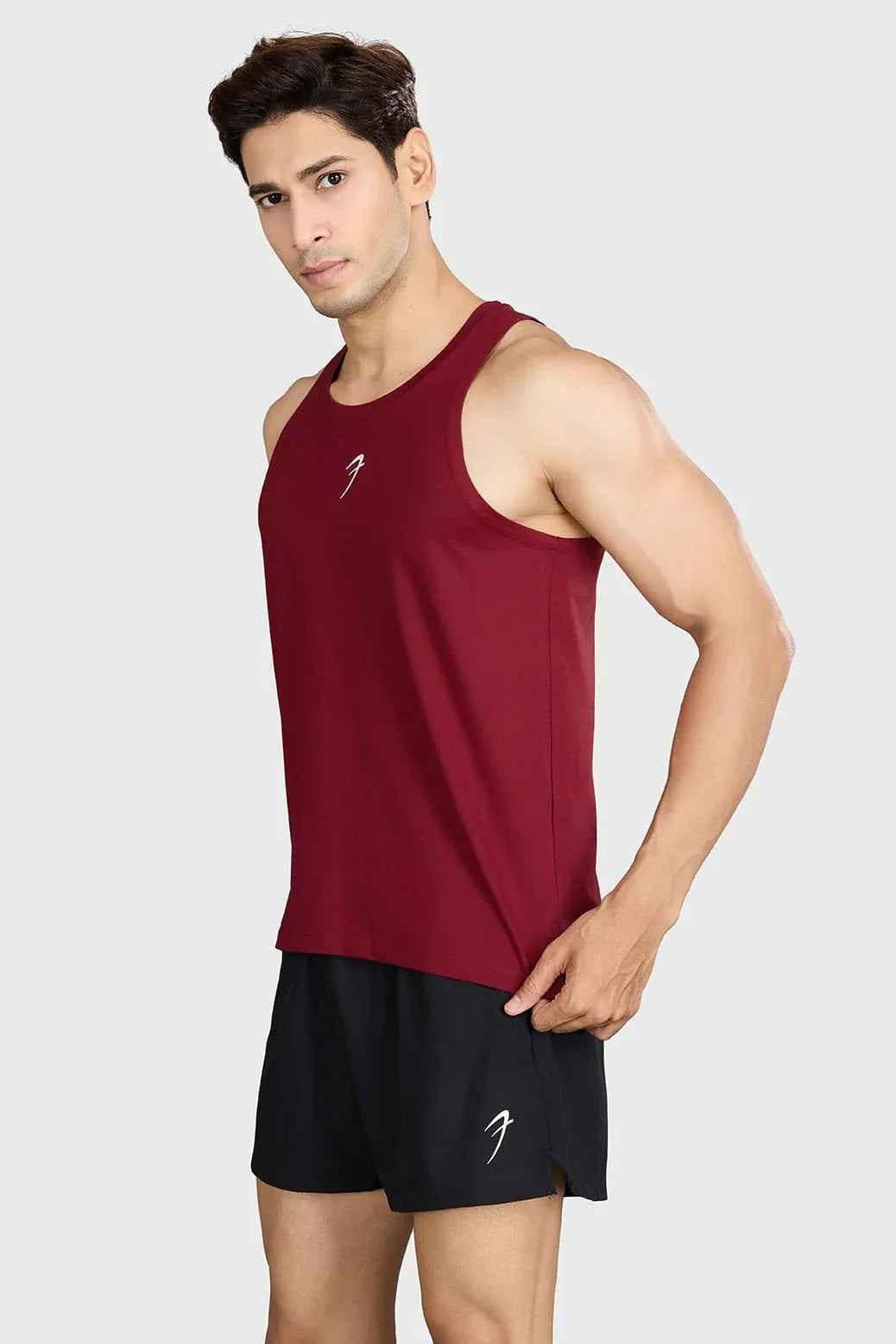 Deep red Pulse running tank top by Fuaark Nz, lightweight athletic sleeveless shirt for training and running.