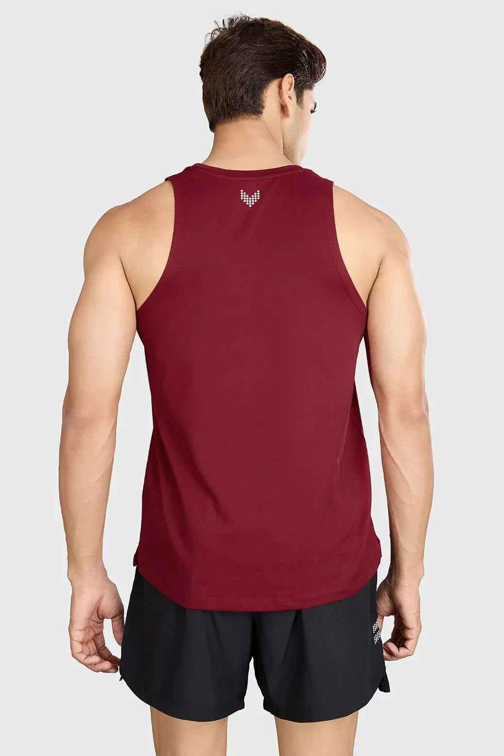 Deep red Pulse Running Tank top by Fuaark Nz, lightweight athletic sleeveless shirt for running and training.