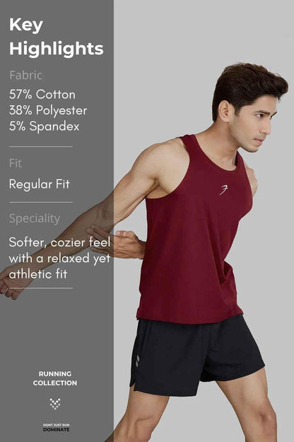 Deep red Pulse running tank top by Fuaark Nz, lightweight sleeveless athletic shirt for active wear.