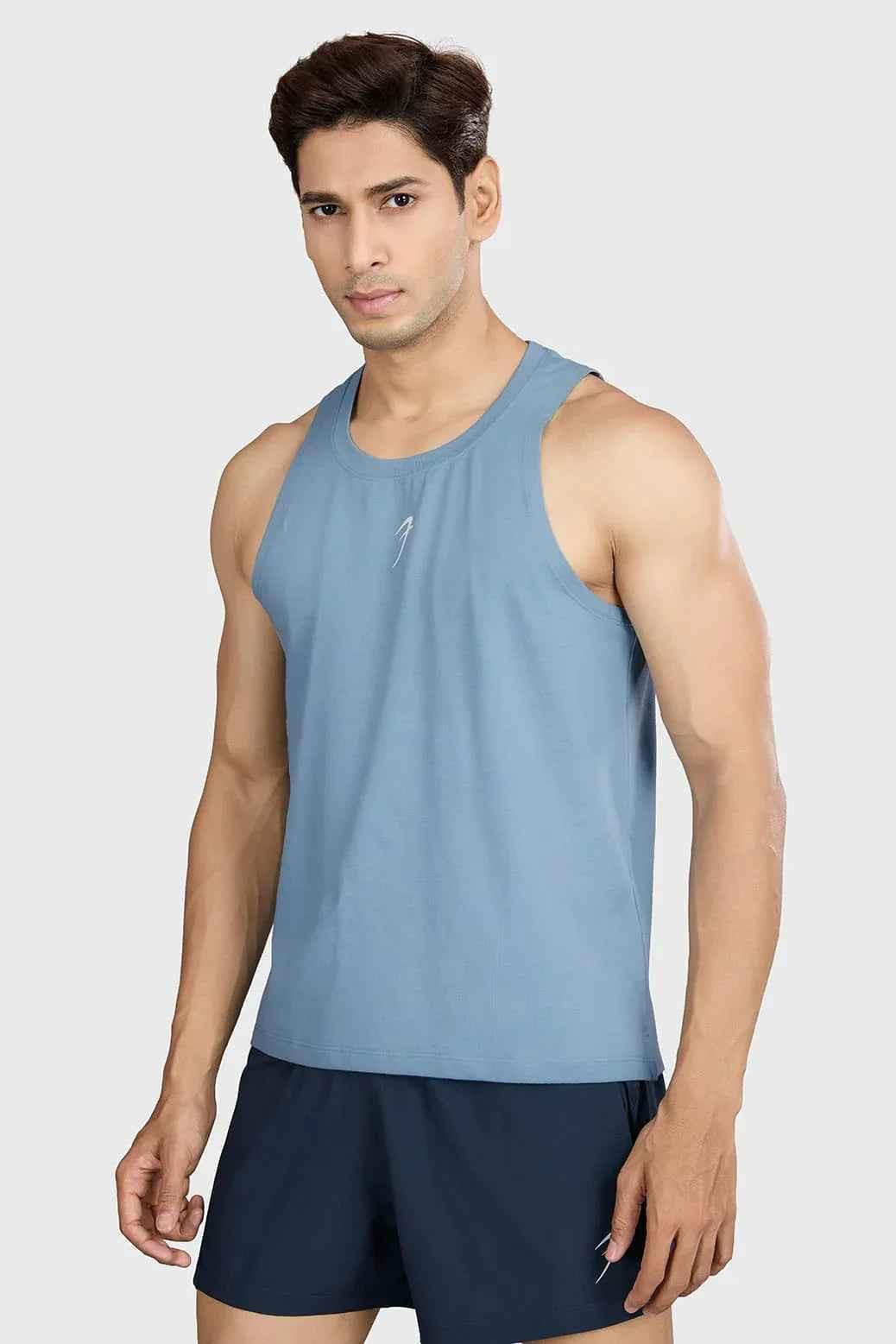 Light blue Pulse running tank top by Fuaark Nz, sleeveless athletic shirt for activewear and running.
