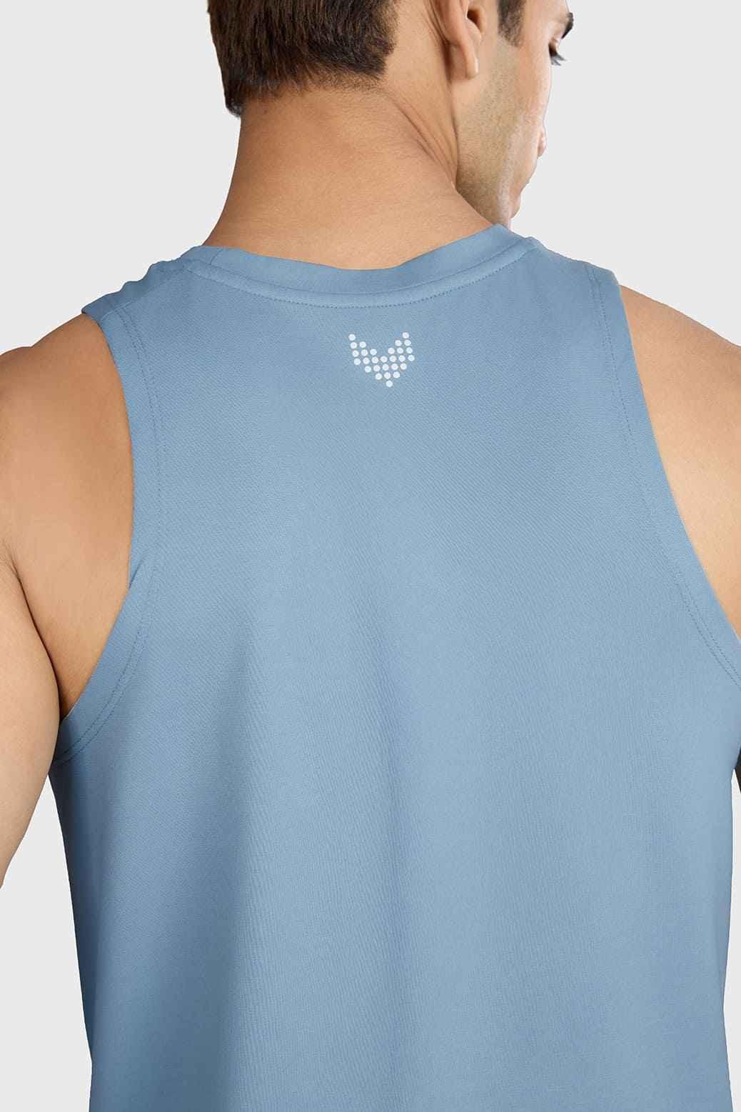 Light blue Fuaark Nz Pulse Running Tank Top, sleeveless athletic shirt for men, shown flat on a white background.