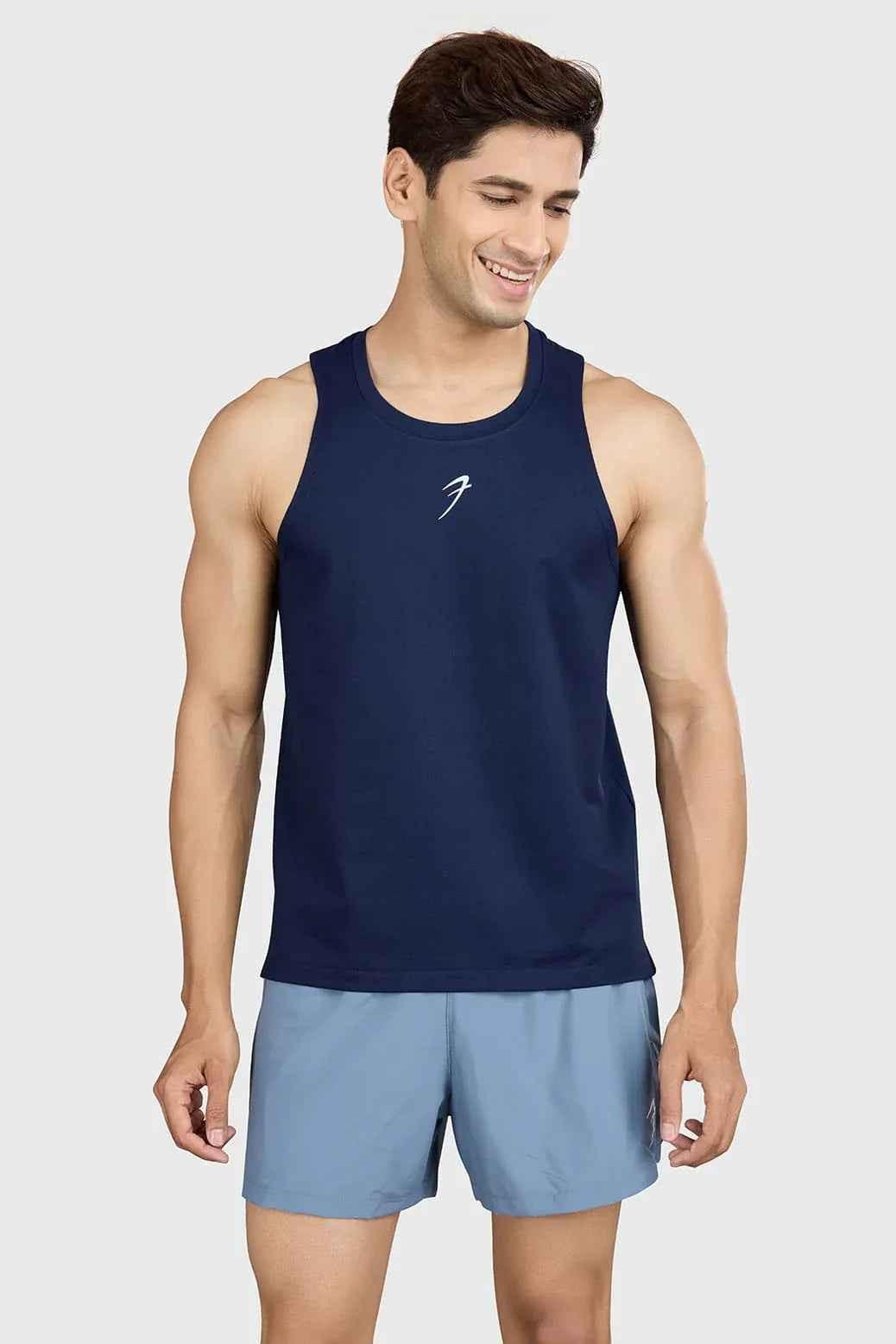 Navy Pulse Running Tank Top by Fuaark NZ, lightweight athletic sleeveless shirt for women, on a white background.