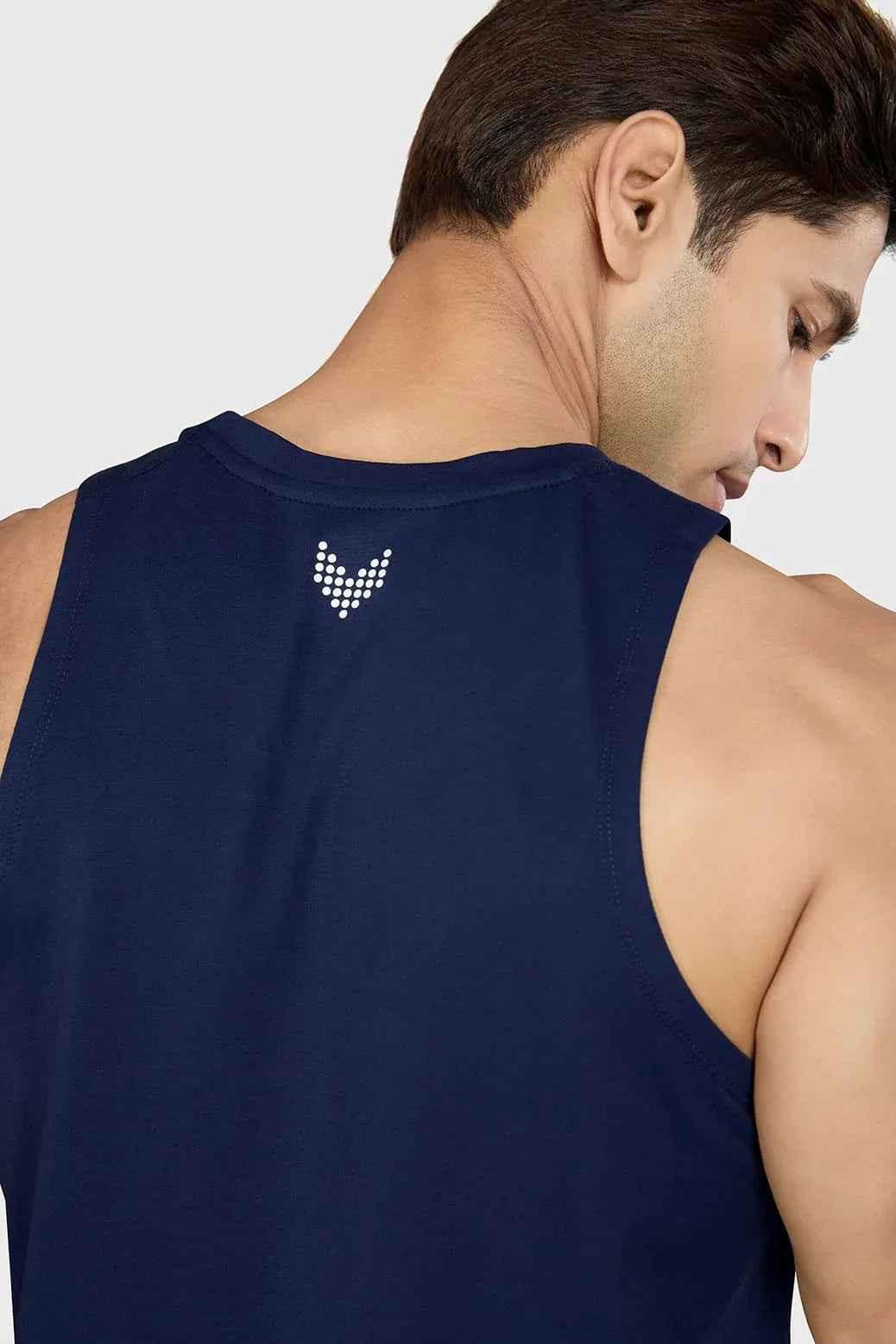 Navy Pulse Running Tank Top by Fuaark Nz, lightweight sleeveless athletic shirt for men, breathable fabric for active wear.