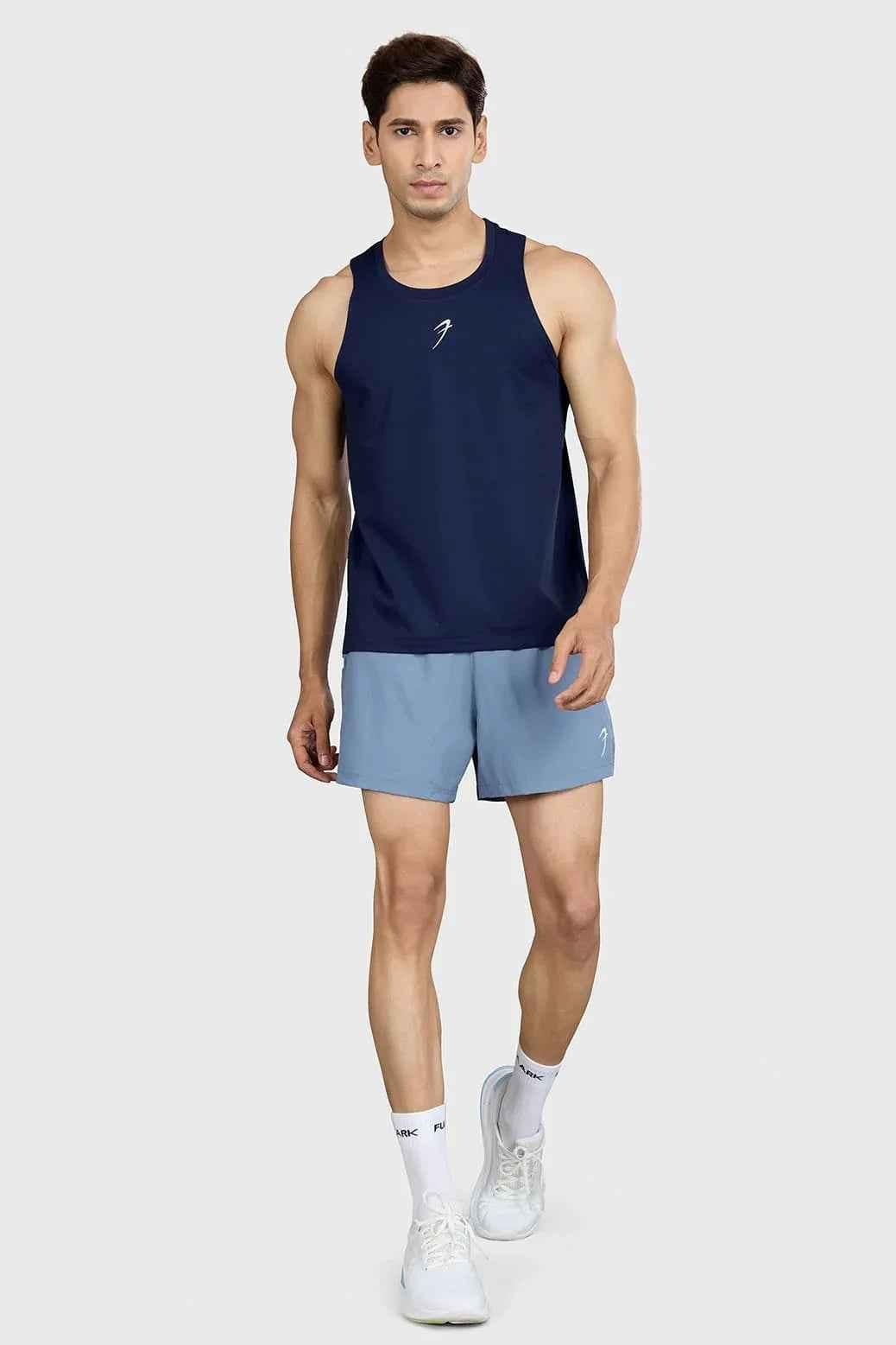 Navy Pulse Running Tank Top by Fuaark Nz, lightweight sleeveless athletic shirt for men with breathable fabric.