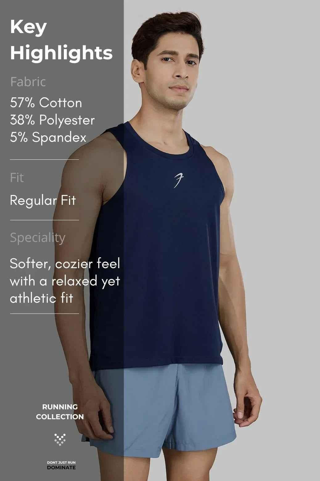 Navy Pulse Running Tank Top by Fuaark Nz, lightweight sleeveless athletic shirt for men, with moisture-wicking fabric.