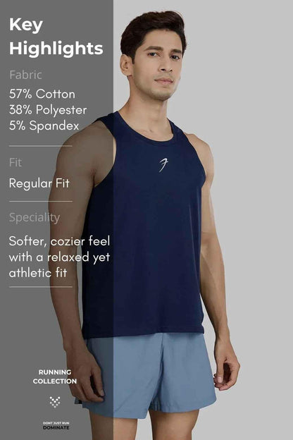 Navy Pulse Running Tank Top by Fuaark Nz, lightweight sleeveless athletic shirt for men, with moisture-wicking fabric.