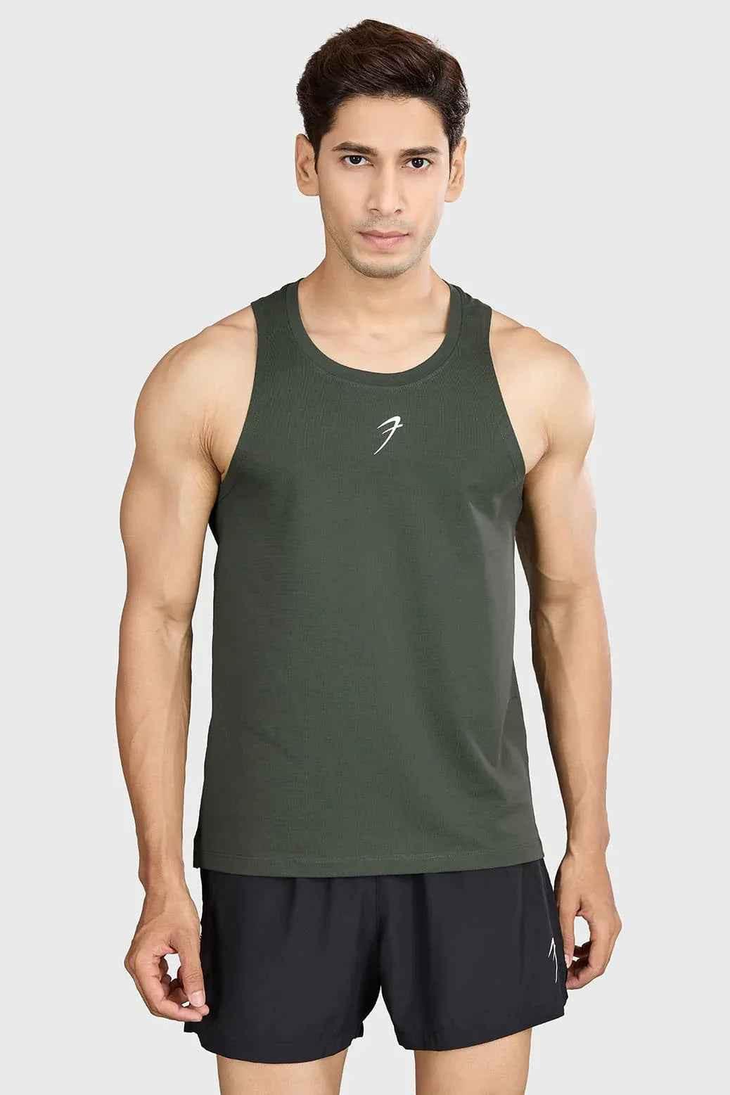 Olive green Pulse Running Tank Top by Fuaark NZ, lightweight athletic tank for running and training, with sleeveless design.