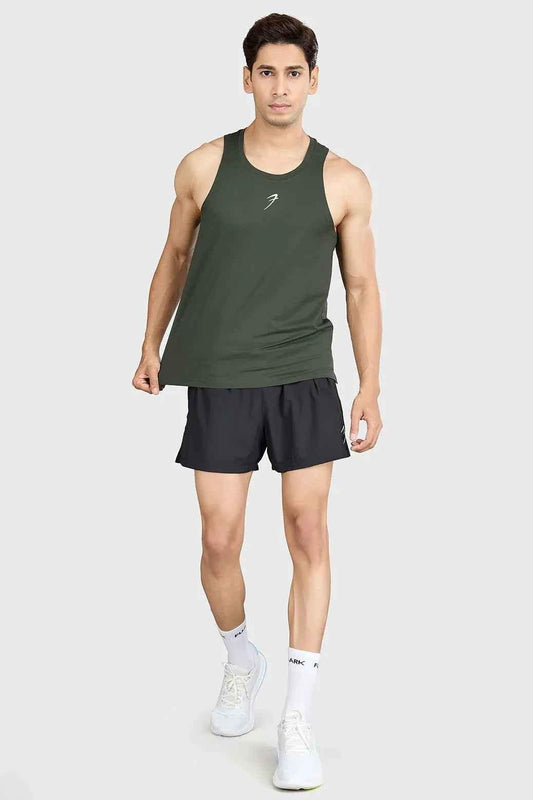 Olive green Pulse Running Tank top by Fuaark Nz, lightweight sleeveless athletic tank for running and workouts.