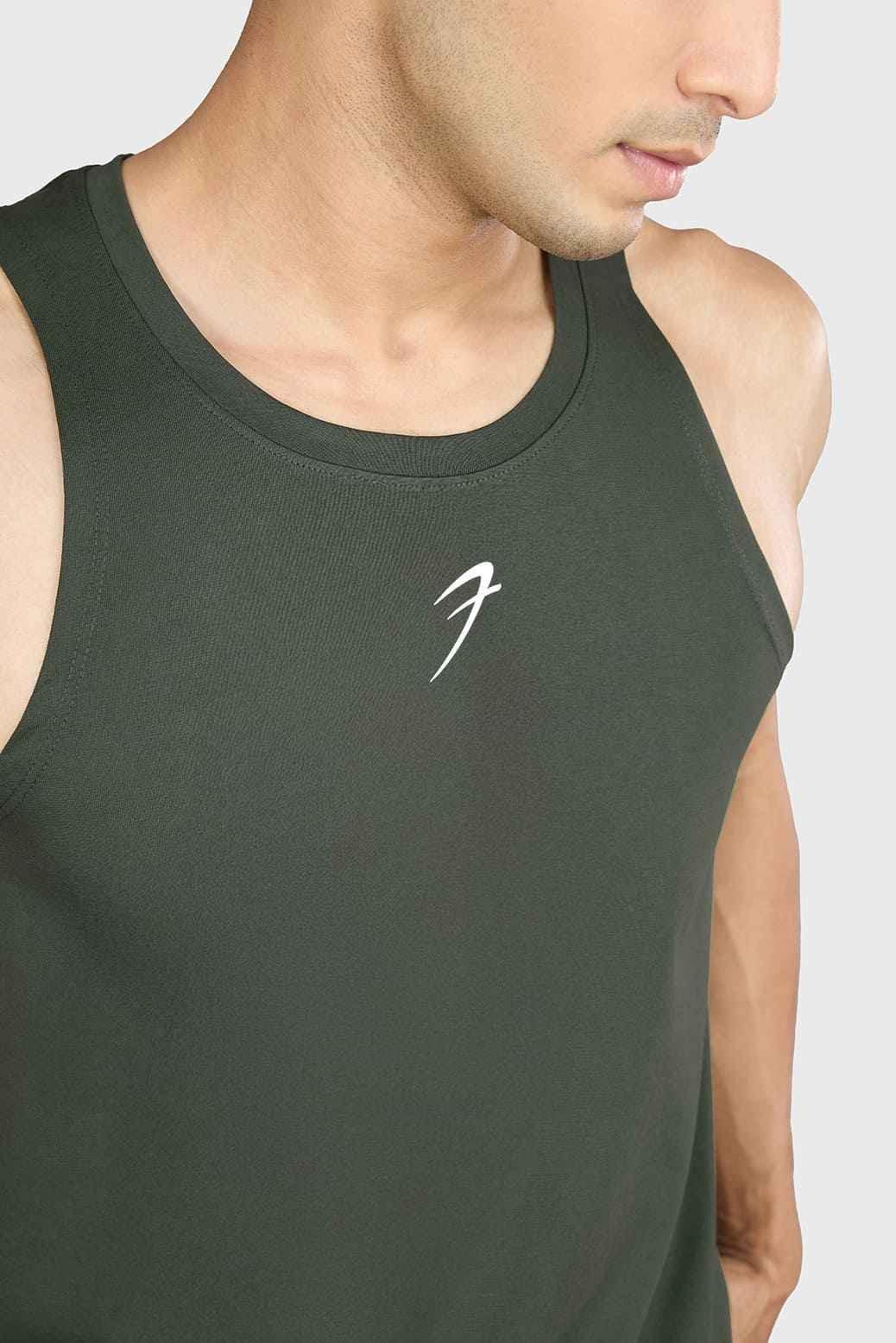 Olive green Pulse running tank top by Fuaark Nz, lightweight athletic sleeveless shirt for active wear.