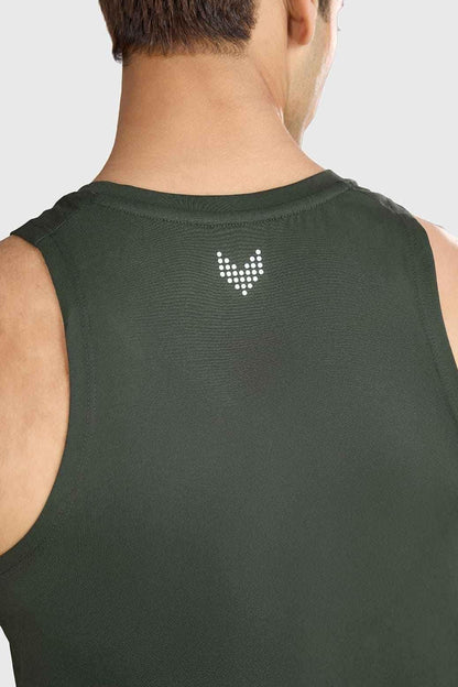 Olive green Pulse running tank top by Fuaark Nz, lightweight sleeveless athletic shirt for workout and running.