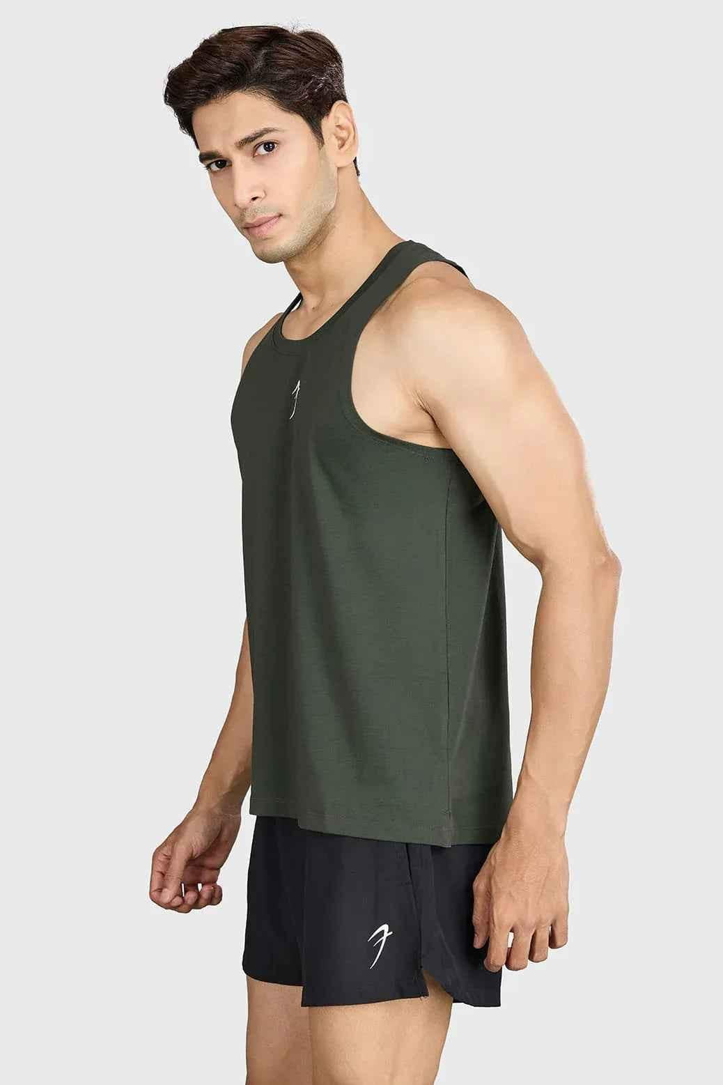 Olive green Pulse Running Tank top by Fuaark Nz, lightweight sleeveless athletic shirt for running and exercise.