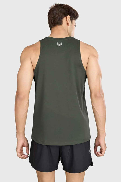 Olive green Pulse Running Tank top by Fuaark Nz, lightweight sleeveless athletic tank for running and active wear.