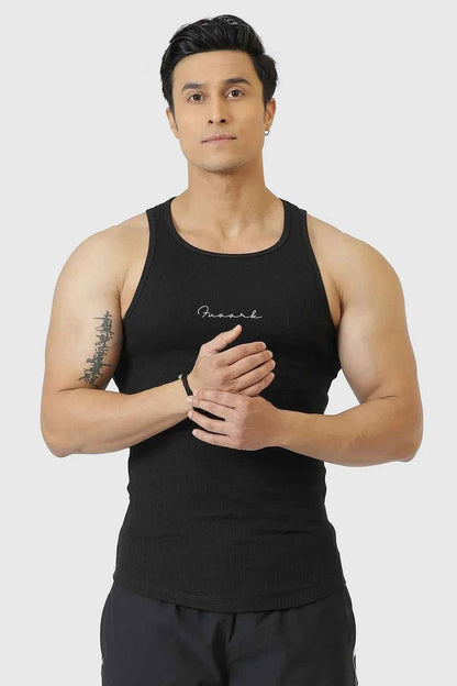 Black ribbed tank top from Fuaark Nz, made of soft fabric, featuring a fitted style for casual and comfortable wear.