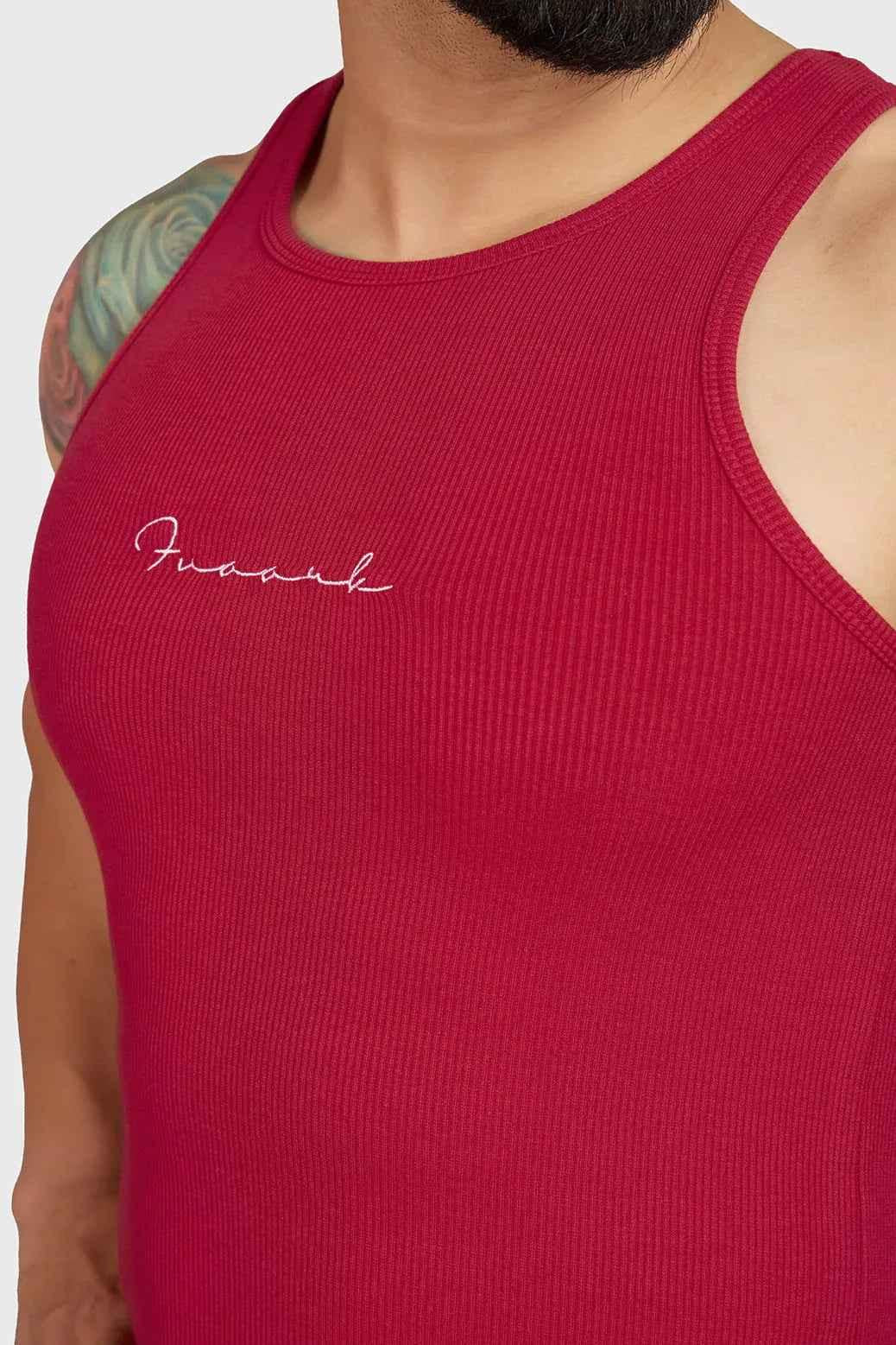Red ribbed tank top by Fuaark Nz, stylish and comfortable casual wear designed for a relaxed fit and everyday wear.