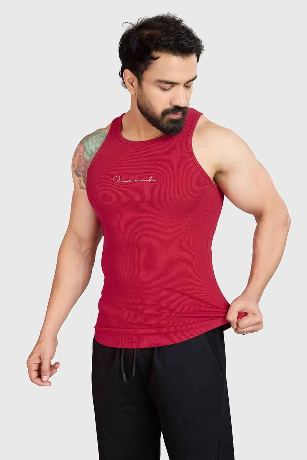 Red ribbed tank top from Fuaark Nz, stylish and comfortable casual wear, shown on a model.