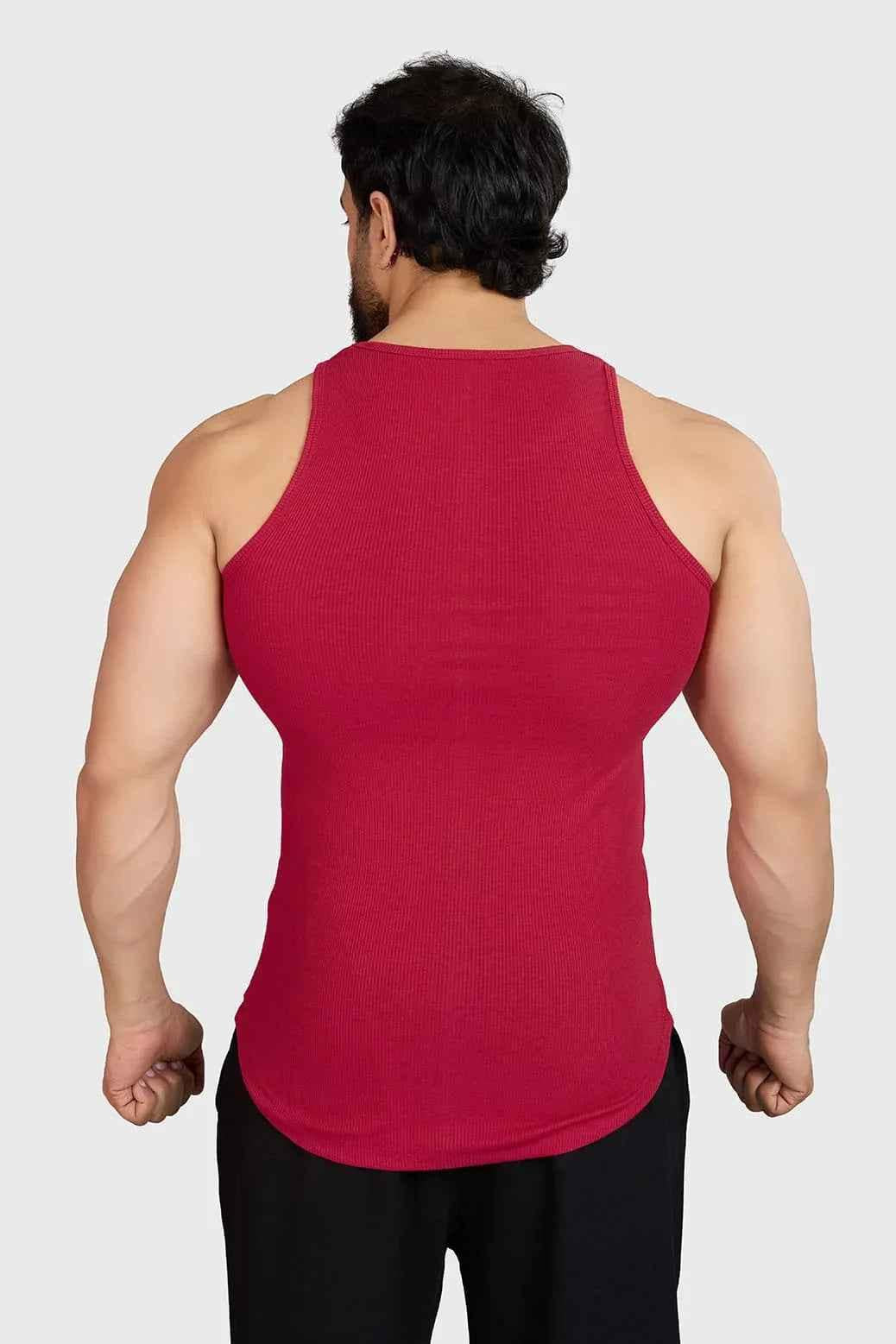 Red ribbed tank top from Fuaark Nz, stylish and comfortable casual wear, shown on a model with a relaxed fit.