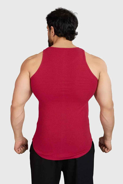 Red ribbed tank top from Fuaark Nz, stylish and comfortable casual wear, shown on a model with a relaxed fit.