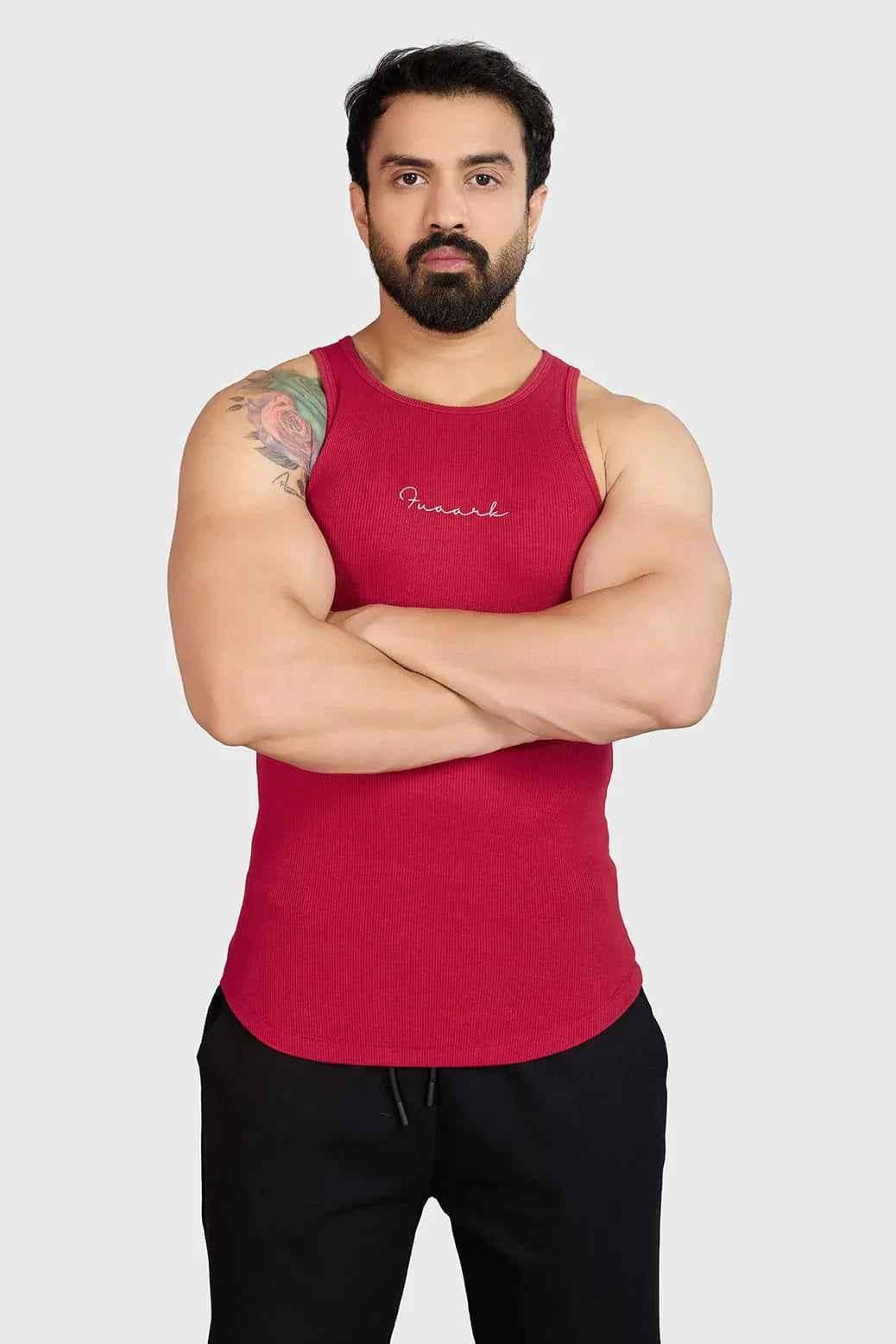 Red ribbed tank top from Fuaark Nz, stylish and comfortable casual wear, shown on a model.