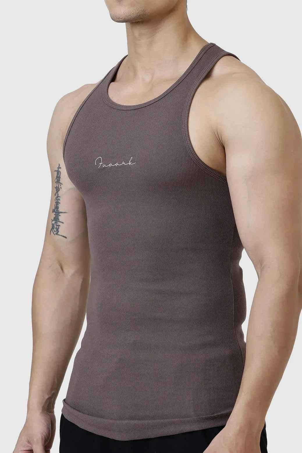 Brown ribbed tank top from Fuaark Nz, showcasing a fitted sleeveless design with ribbed fabric for a stylish casual look.