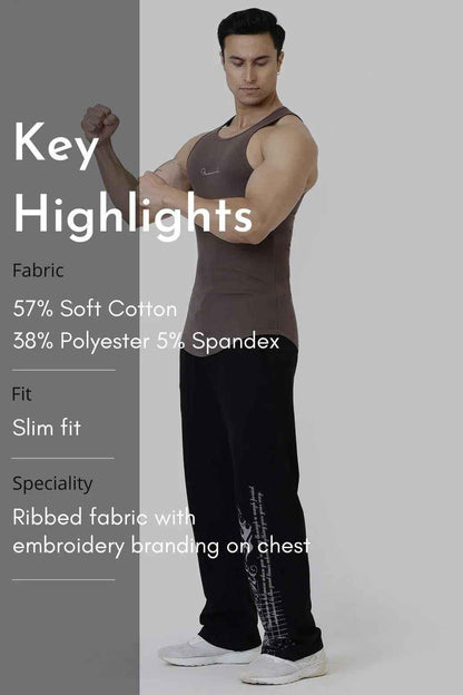 Brown ribbed tank top from Fuaark Nz, close-up view highlighting the fitted, textured fabric and sleeveless design.