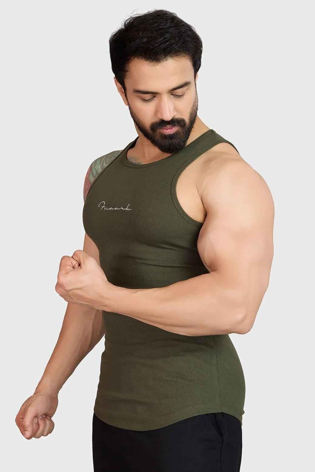 Olive green ribbed tank top from Fuaark Nz, featuring a fitted design and sleeveless style.