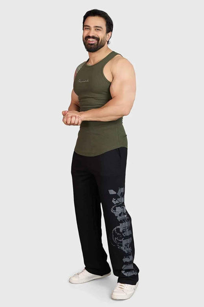Olive green ribbed tank top by Fuaark NZ, casual sleeveless shirt with fitted ribbed fabric.