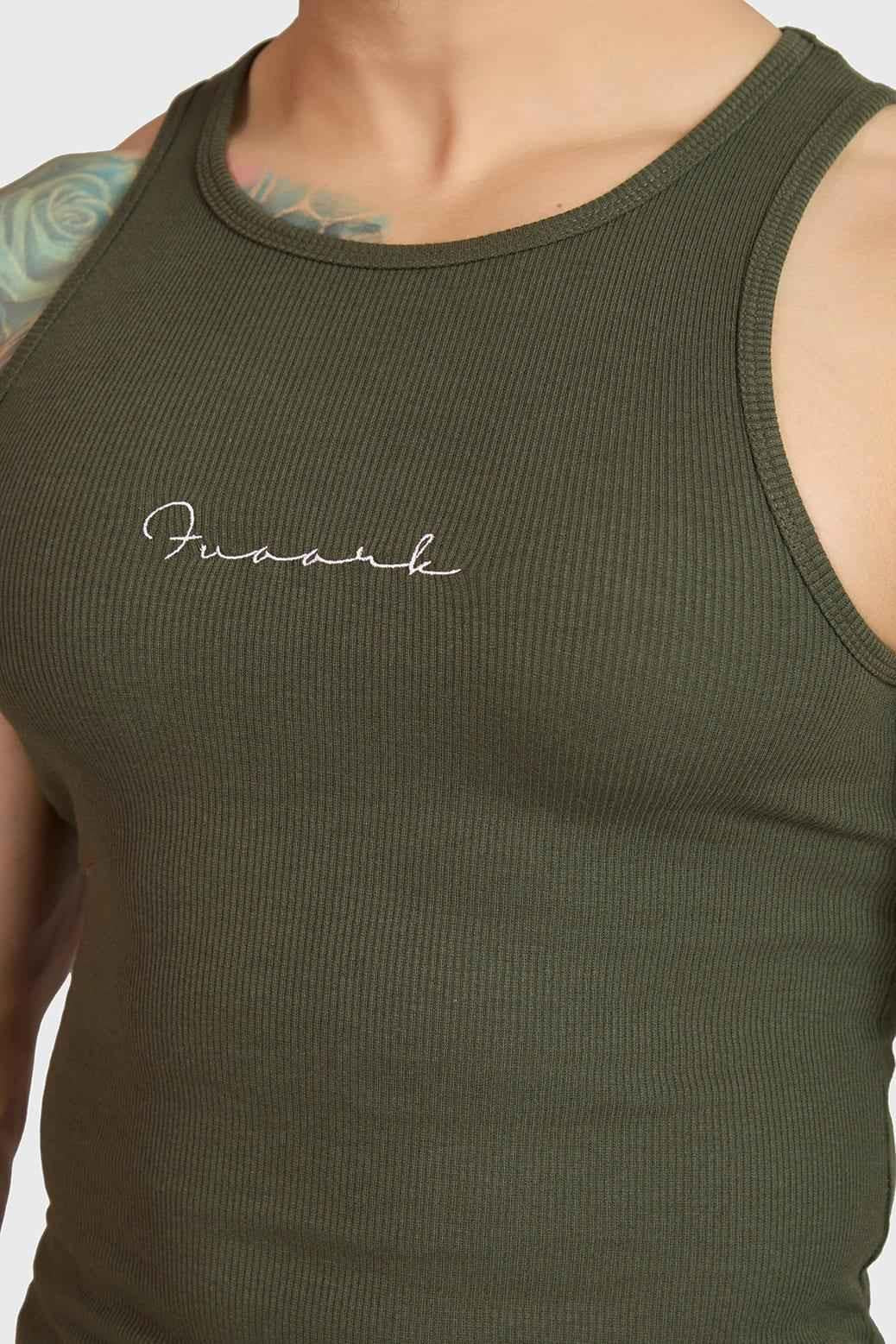 Olive green ribbed tank top from Fuaark Nz, sleeveless and fitted, shown on a plain background.