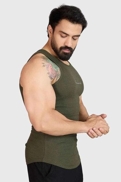 Olive green ribbed tank top from Fuaark Nz, showcasing a fitted sleeveless design and textured fabric.
