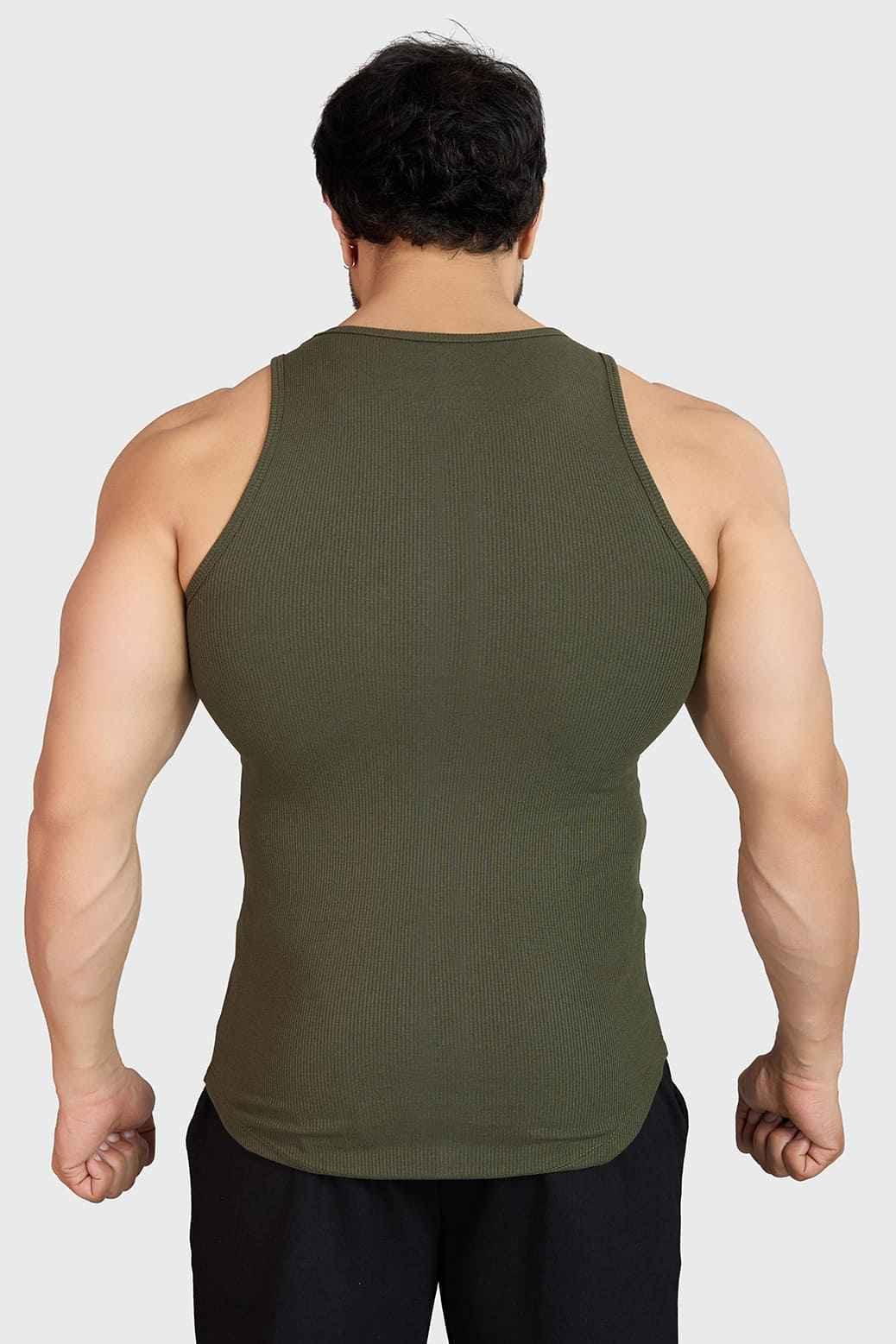 Olive green ribbed tank top by Fuaark Nz, sleeveless design, form-fitting style, suitable for casual wear.
