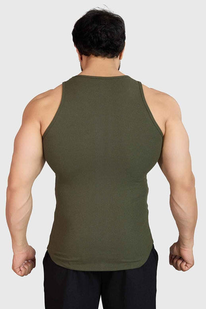 Olive green ribbed tank top by Fuaark Nz, sleeveless design, form-fitting style, suitable for casual wear.