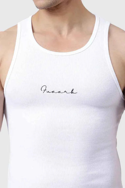 White ribbed tank top from Fuaark Nz, a sleeveless tank top with a fitted, ribbed design for casual wear.