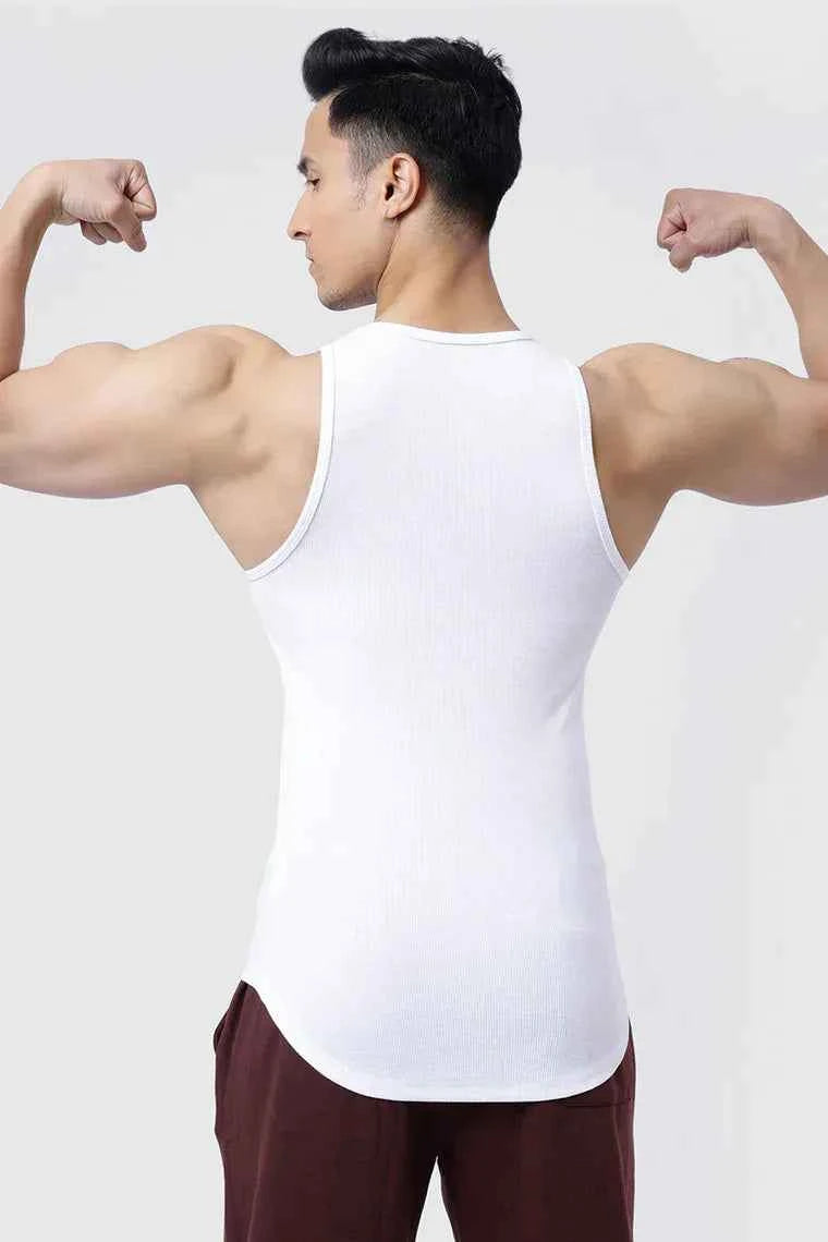 White ribbed tank top from Fuaark NZ, close-up of fitted sleeveless tank with ribbed texture, ideal for casual wear.