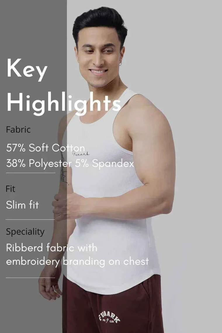White ribbed tank top by Fuaark NZ, showcasing a fitted sleeveless design with textured ribbed fabric.