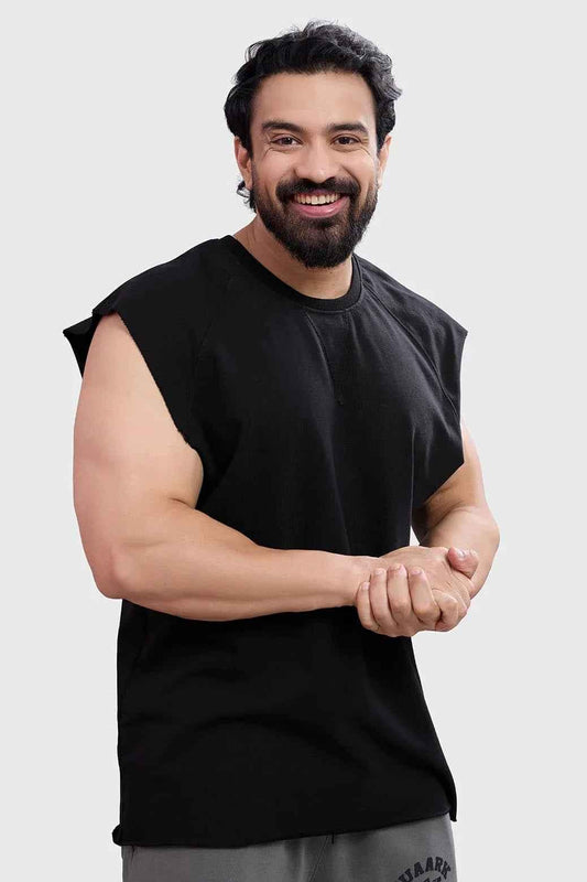 Black Shell Raw Capsleeves Tank Top by Fuaark NZ, featuring a fitted design and casual sleeveless style.