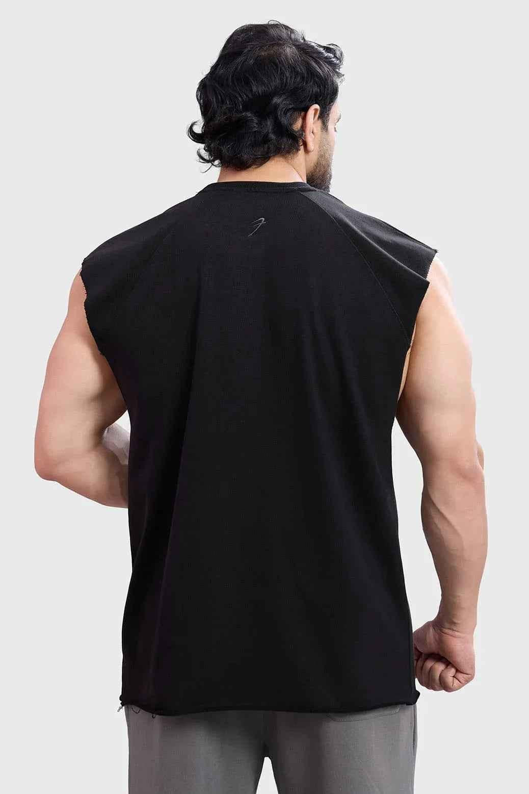Black Shell Raw Capsleeves Tank Top by Fuaark Nz, featuring a fitted design and raw edge details on the tank top.