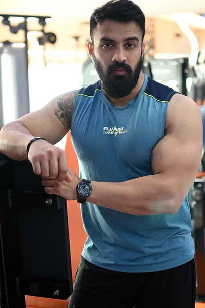 Sky blue Fuaark Nz lining tank top shown on a model, sleeveless design, casual style perfect for summer wear